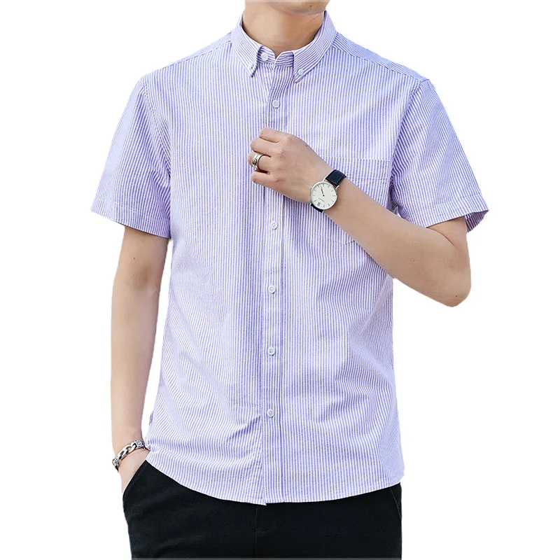 Half Sleeve Shirt Men Slim Cotton Pure Color Stripe Shirts Casual Short Sleeve Shirts for Men Single Pocket Men's
