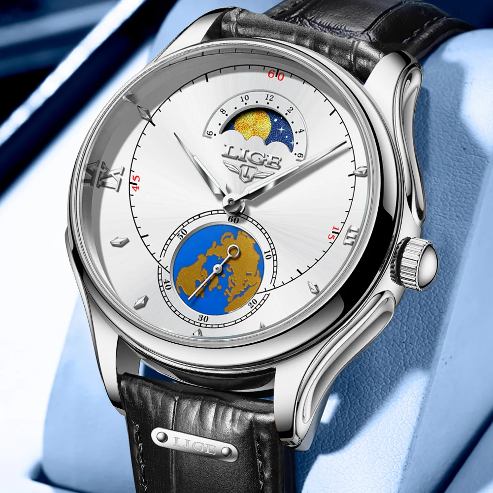 2023 LIGE Men's Watches Black Leather Classic Analog Quartz Watch for Man 3ATM Waterproof Wrist Watch Multifunction Chronograph
