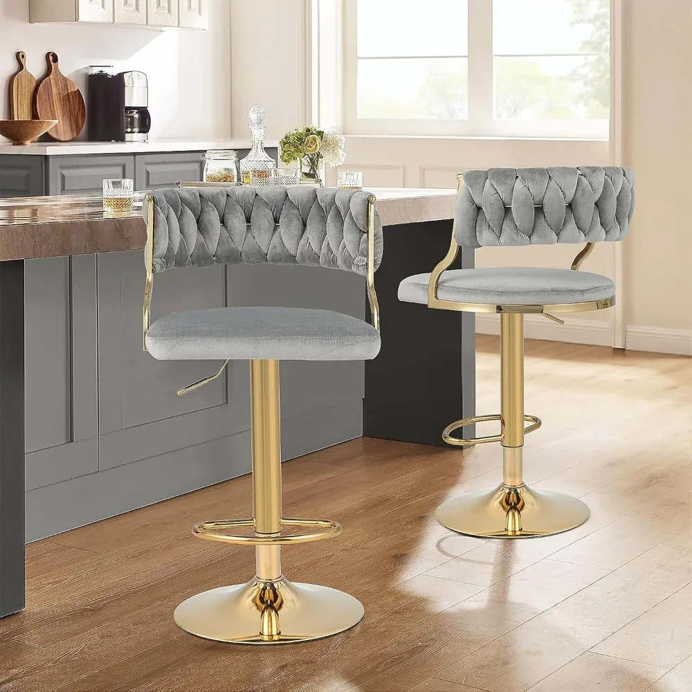 Velvet Adjustable Bar Stools, Max Load 400 Lbs, Modern Upholstered Swivel Barstools with Woven Back