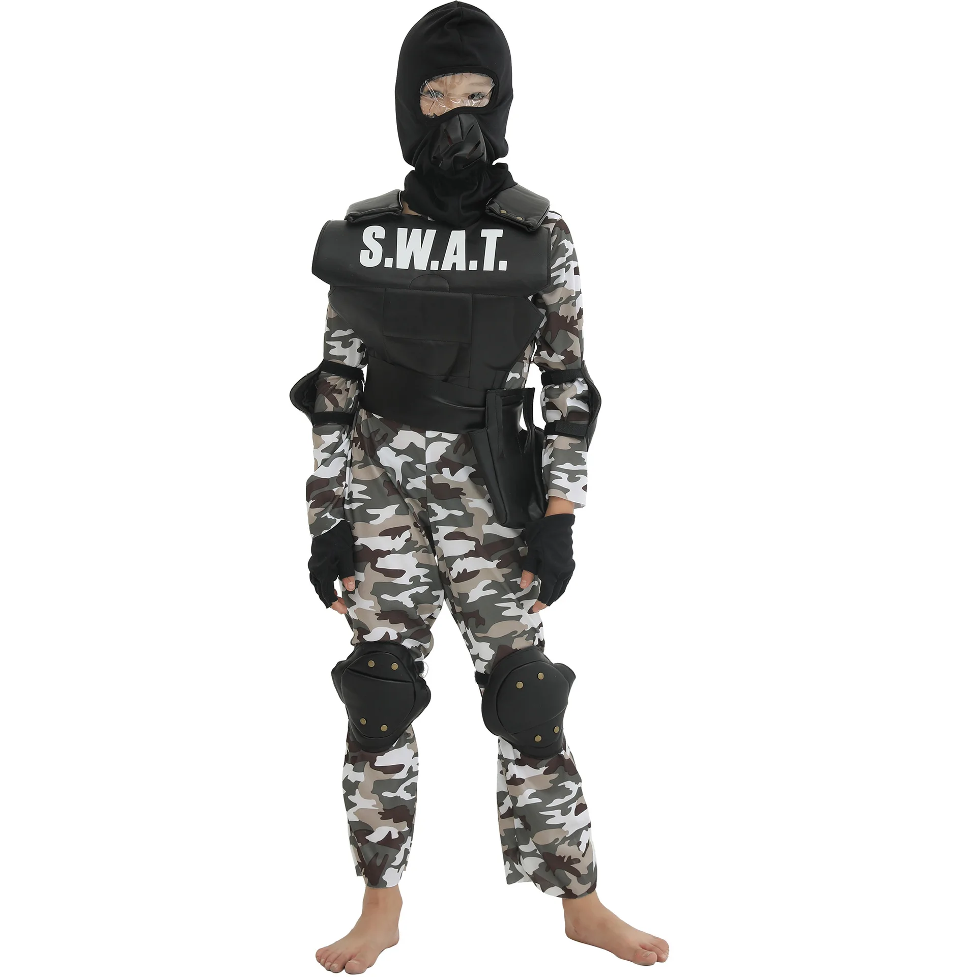 thumbnail image 1 of Mono de uniforme de policía Swat para niños, disfraz de cosplay para fiesta de carnaval, uniforme de fuerzas especiales, traje de tácticas de combate, ropa del ejército, 1 of 4