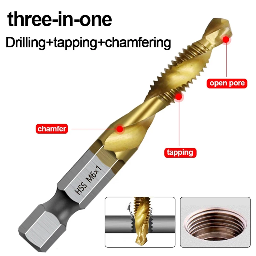 

12PCS/2Set Spiral Flutes Tap Drill Titanium Plated Hex Shank HSS Screw Thread Metric Tap Drill For Wood Plastic Aluminum