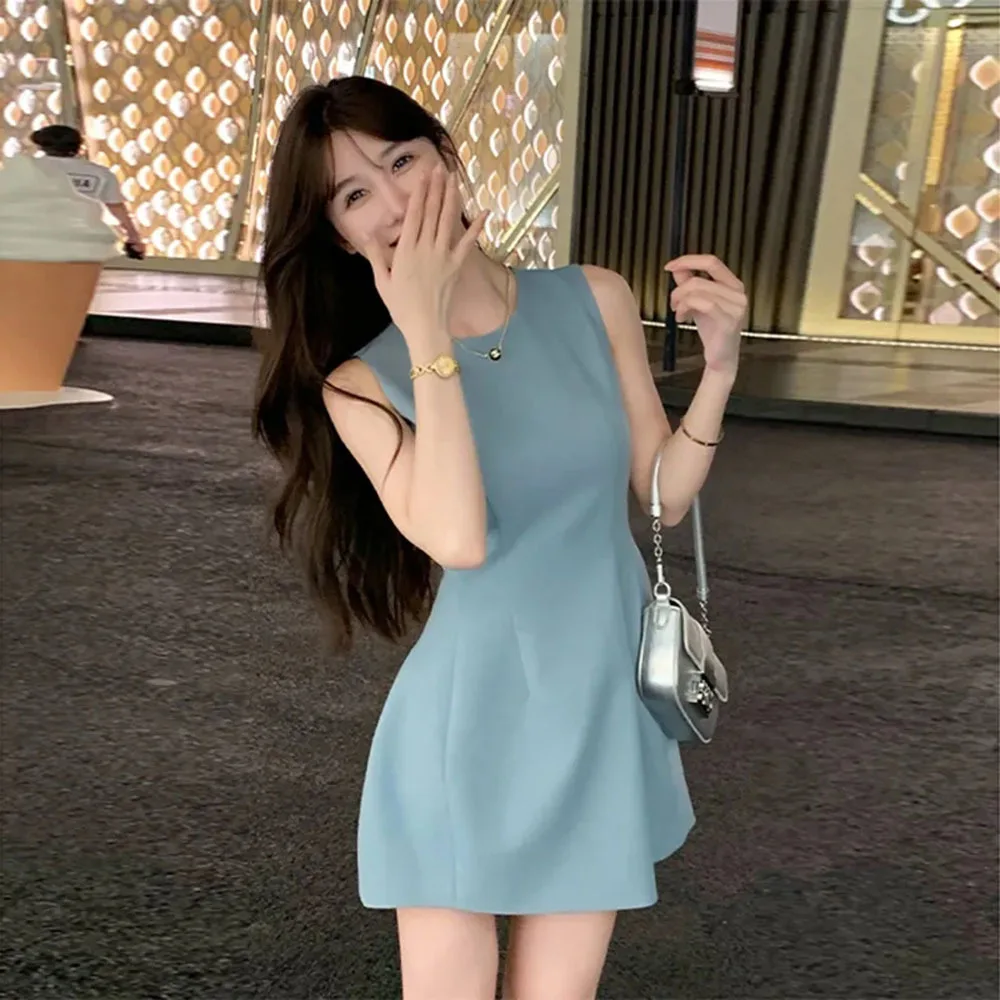 Korea Elegant Vest Dresses Intellectual Simple Sleeveless Dress Office Ladies Temperament Mini Dress Women's Clothing Summer New 1