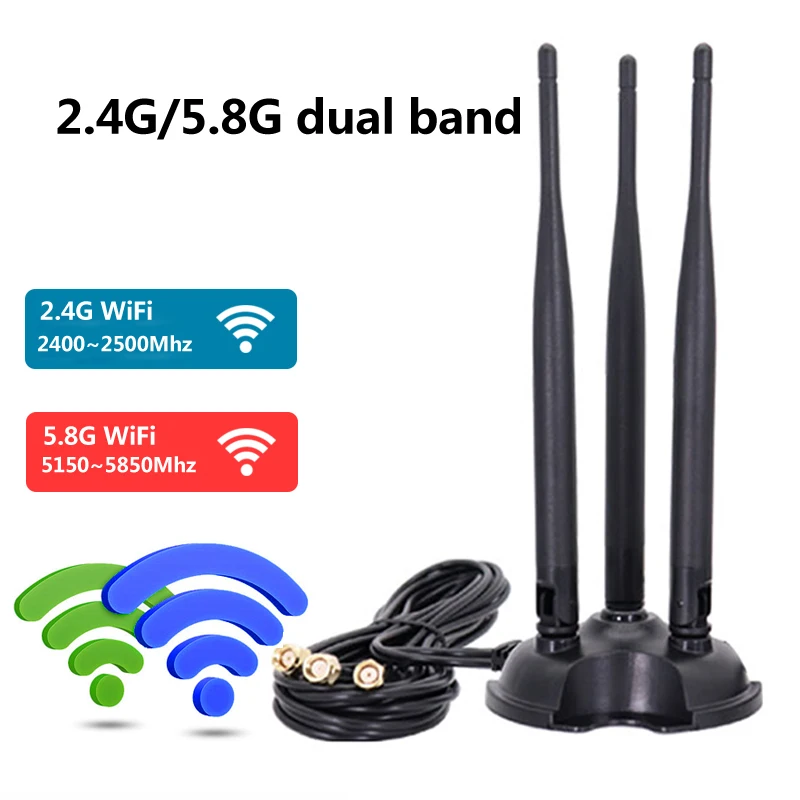 3*3 2.4G 5.8G Dual Band Extension Cable with Magnetic Base 12DB RPSMA Antenna for WIFI Router Networking Wireless Network Card