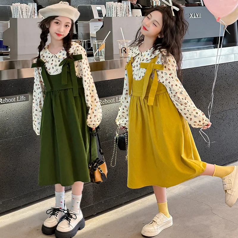 

2024 Korean Spring Autumn Junior Girl 2PCS Clothes Set Teenager Girl Floral Shirt+Suspender Skirt School Girl Dress Set 5-12Yrs