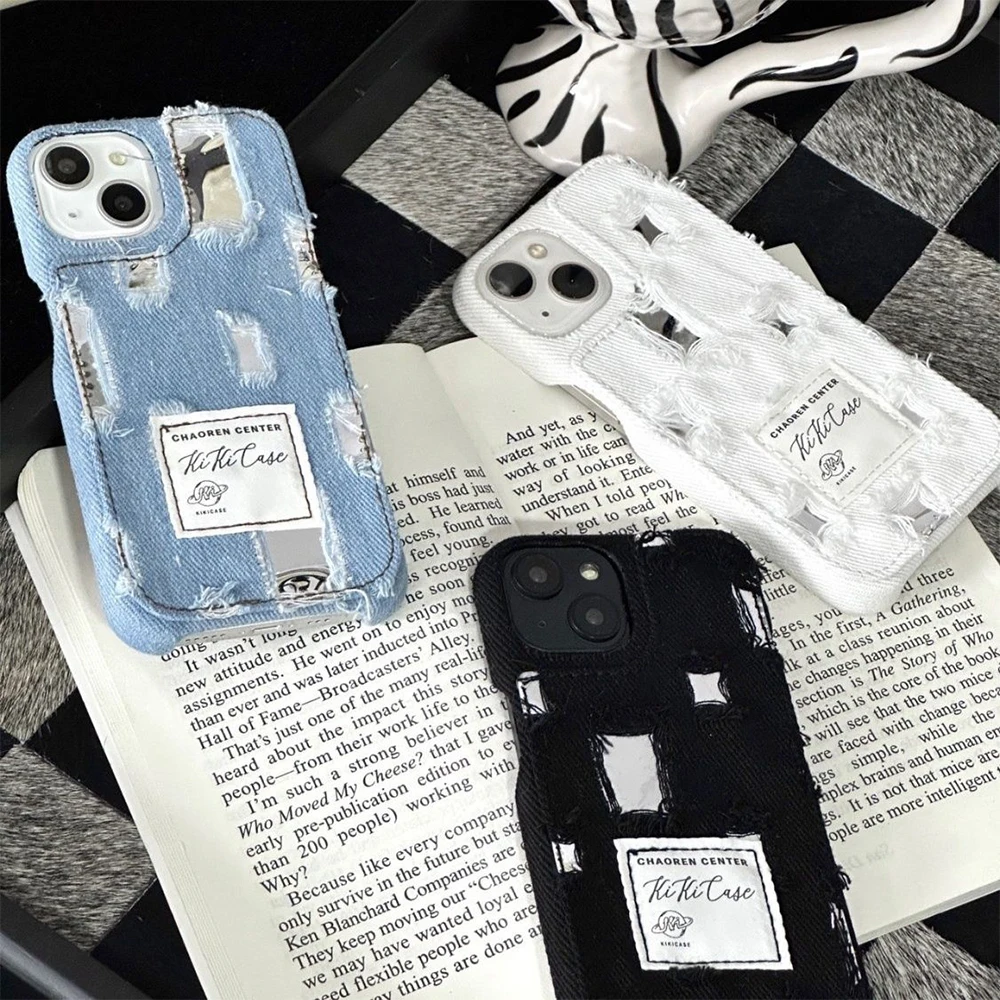 Elegante Custodia Per Telefono In Denim Strappato Y2K Per Iphone14 11 12 Xr Xs Max 7/8 X Plus 12 Copertine Per Etichette In Tessuto Creativo Anti-Gocc