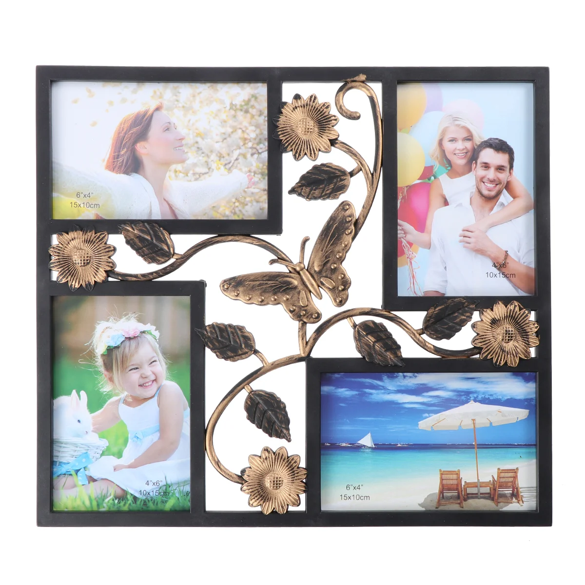 Decorative 4 Opening Wall Hanging Photo Frame with Flowers and Vintage Collage Family Picture Frame Black