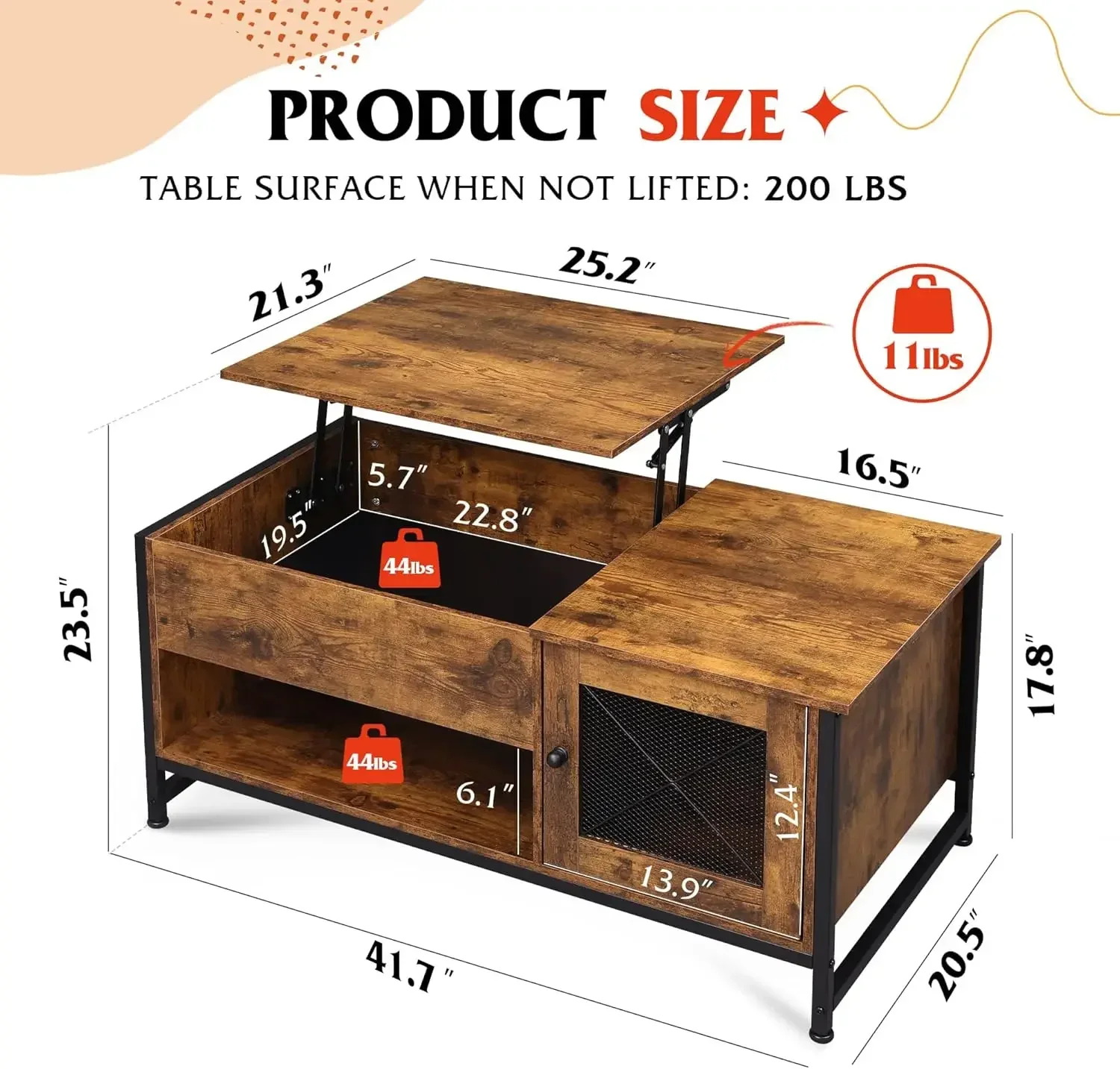 Coffee Table, 41.7" Lift Top Coffee Table with Hidden Compartment and Storage Cabinet, Wood Center Table , Rustic Brown 3