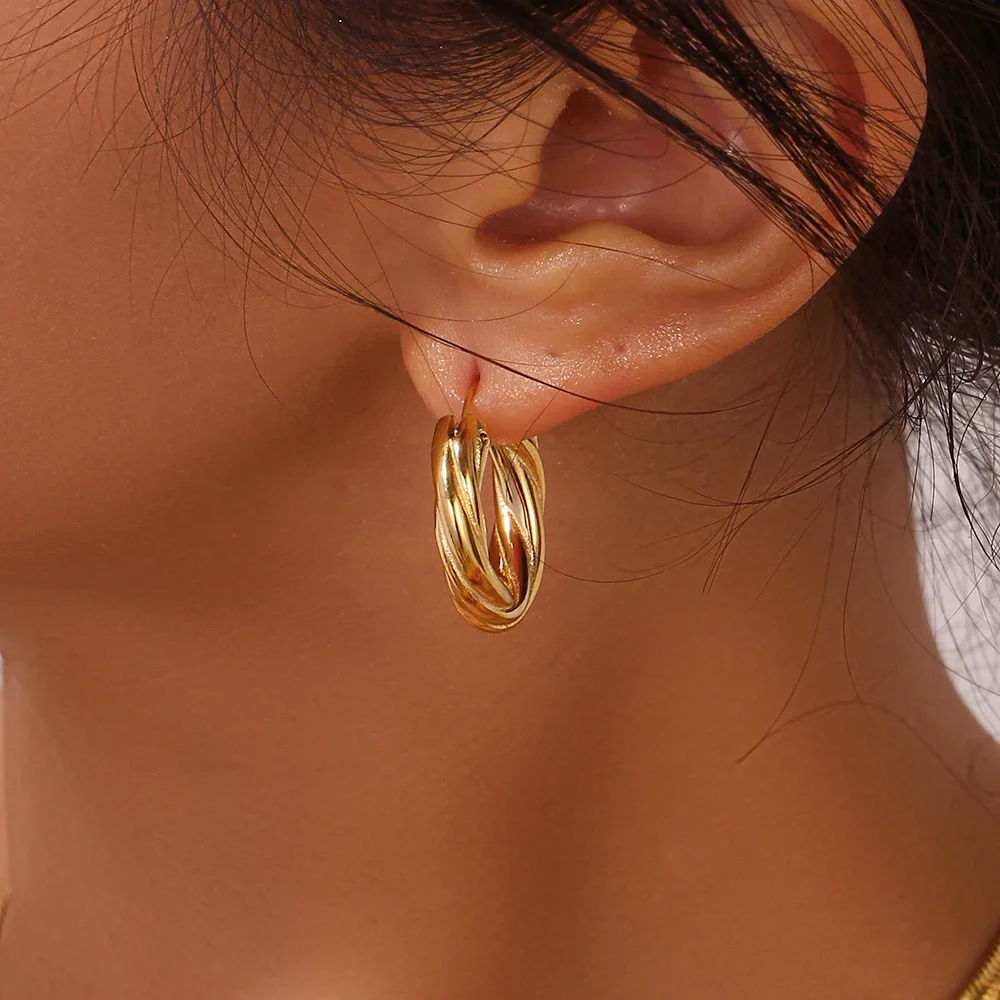 Vintage Round Twisted Earrings Stainless Steel Gold Plated
