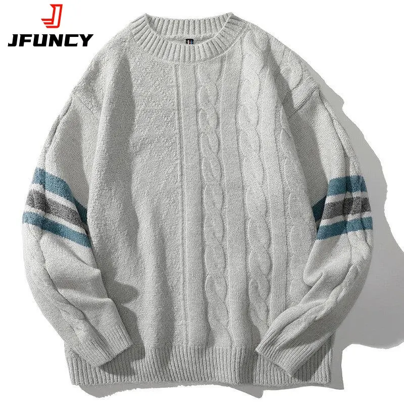 JFUNCY Mens Winter Sweater Male Pullover Harajuku Crewneck Knitted Jumpers Oversized Men Clothing Men's Vintage Striped Knitwear