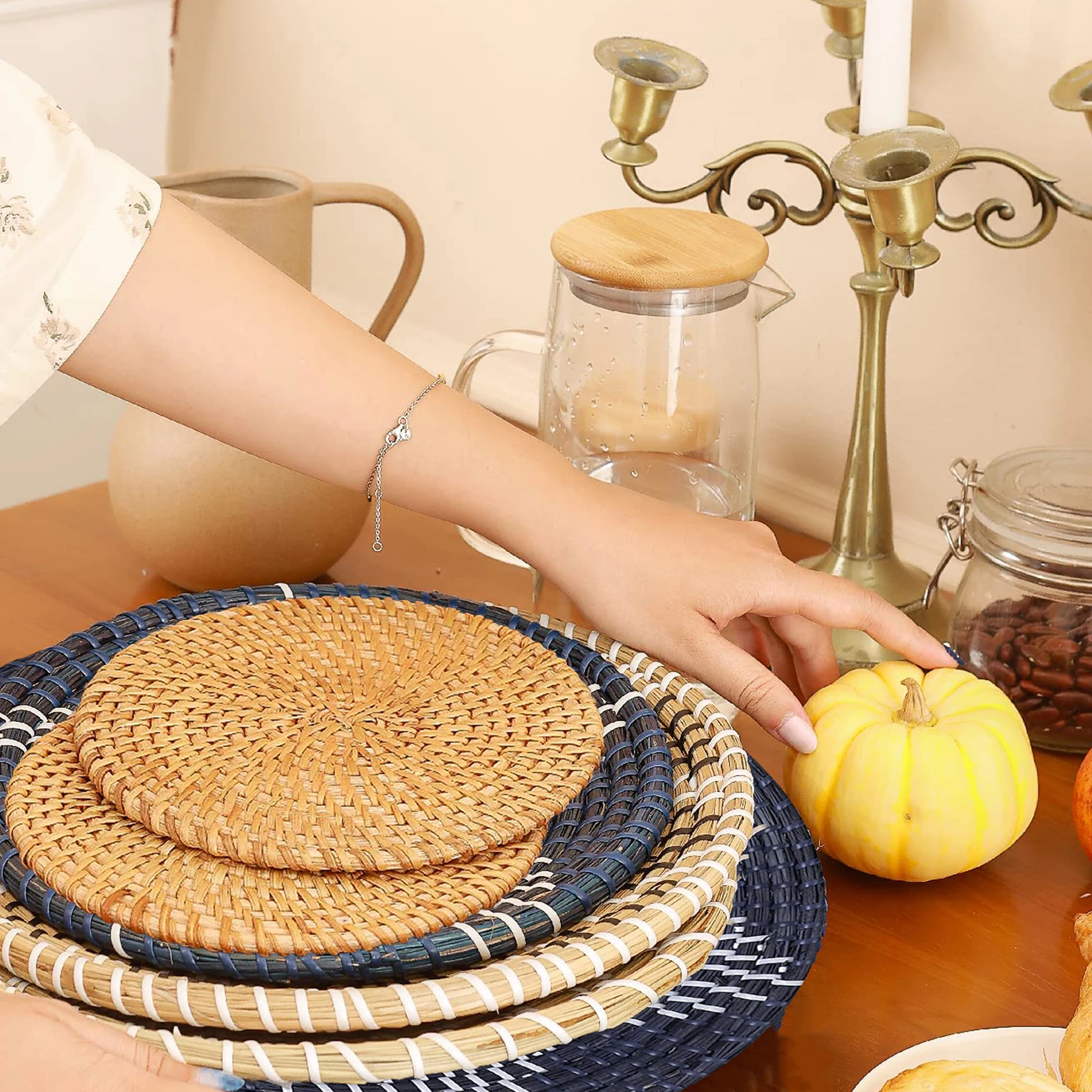 9PCS Boho Wall Decor Rattan Wall Decor Wicker Wall Decoration Hanging Wall Basket Wicker Wall Tray for Living Room 5