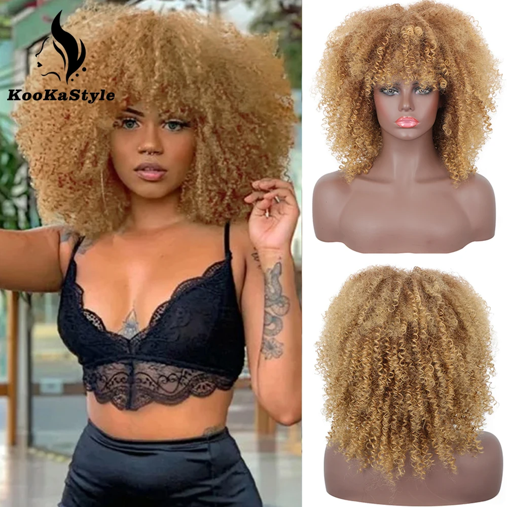Synthetic Wigs Ombre Blonde Short Curly Wigs with Bangs Afro Kinky Curly Wigs for Black Women Orange Cosplay Wigs Heat Resistant