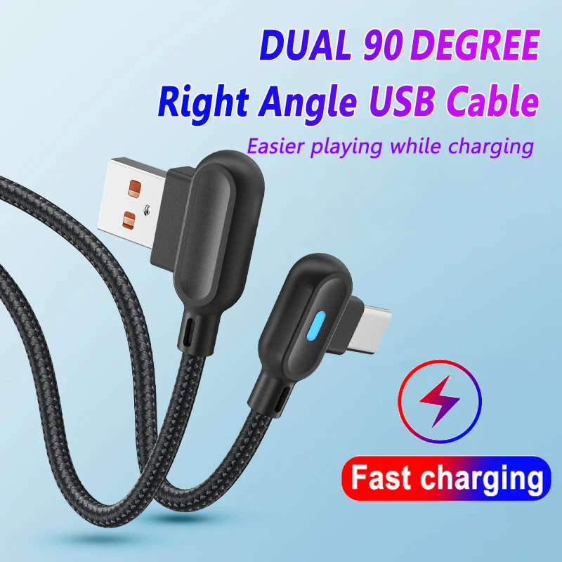 90 도 마이크로 USB C타입 케이블, 25cm 고속 충전 LED 케이블, 삼성 샤오미 화웨이 OPPO 안드로이드 와이어 USB C타입 충전기