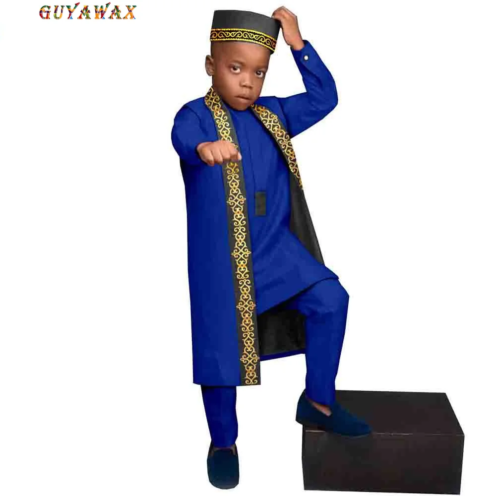 African clothes for kids bazin riche boys outfits tee pants long vest cap dashiki hat african