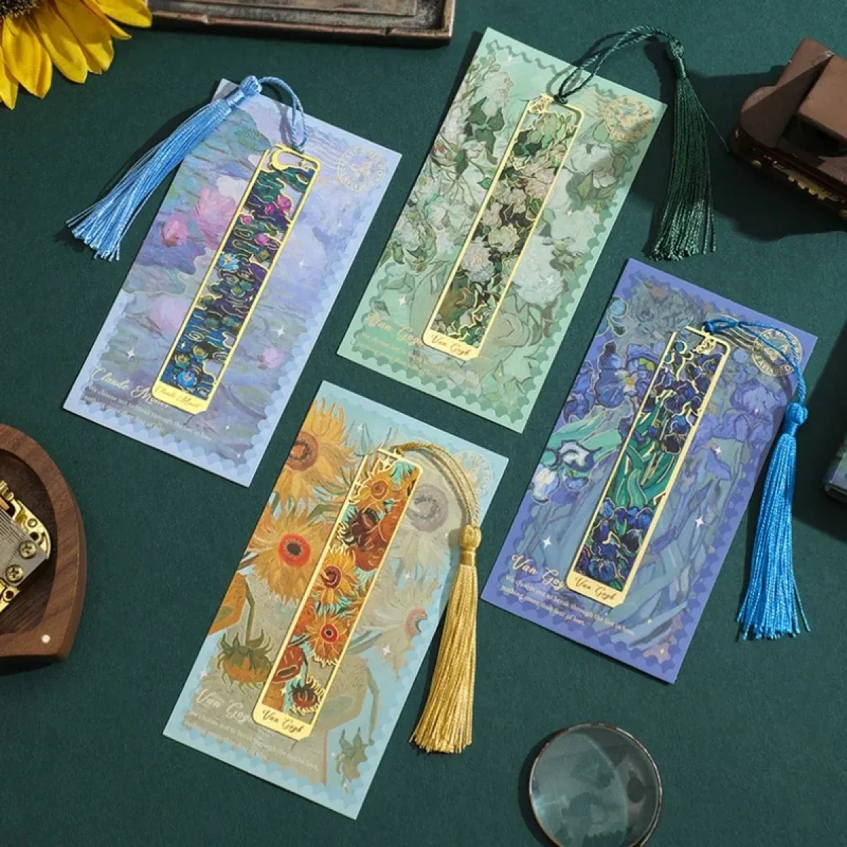 Metal Sunflower Hollow Bookmark Chinese Style Creative Painted Book Holder Tassel Pendant Kids Stationery School Supplies 1 Pc