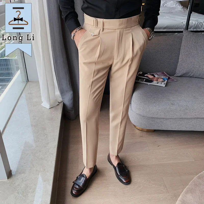 British Style Solid High Waist Suit Pant Men Business Formal Wear Trousers Slim Casual Office