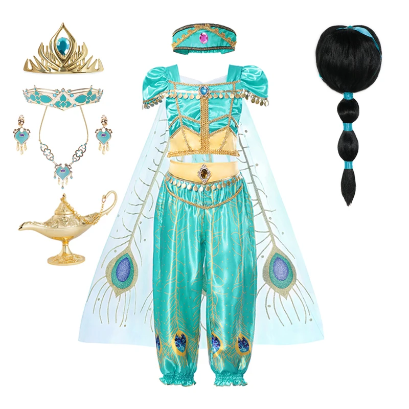 thumbnail image 1 of Disney-vestido de princesa Jasmine para fiesta de cumpleaños, conjunto de ropa de Cosplay de Aladdín, lámpara agic, Top, pantalones y diadema, 1 of 5