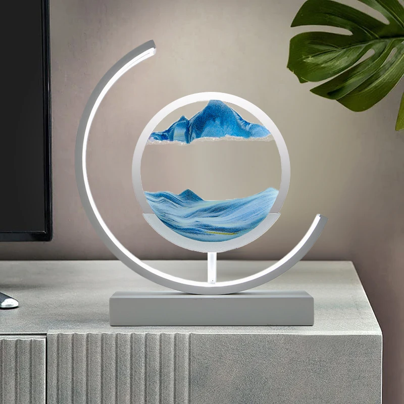 Free from EU Quicksand Painting Table Lamp Art Picture Bedside Round Glass Night Light 3d Scenery Hourglass Bedroom Desk Lamp