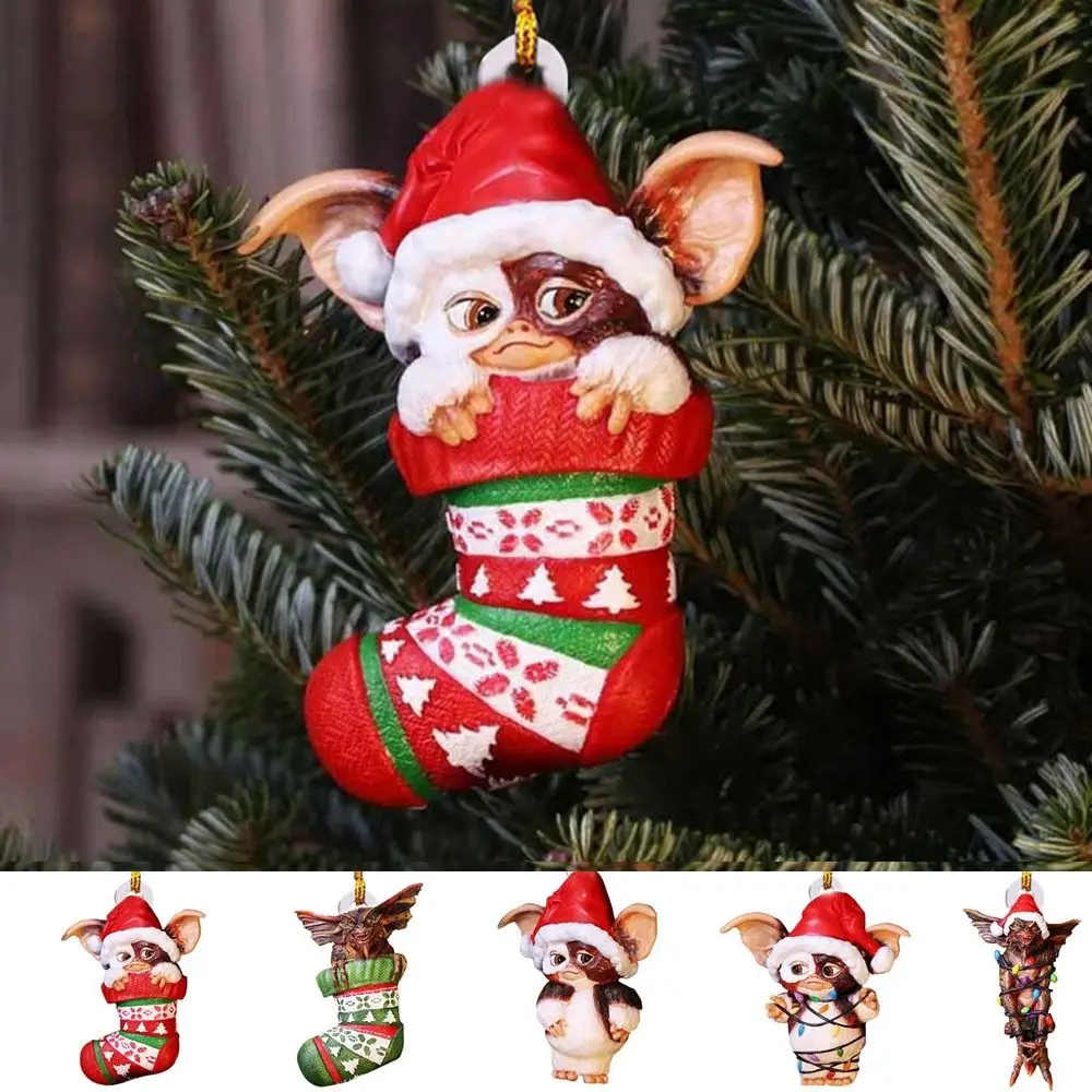 

Acrylic Gremlins Santa Hat Ornaments Flying Dragon Socks Dog Gremlins Gizmo Hanging Puppy Chrismtas Tree Pendants Noel Navidad