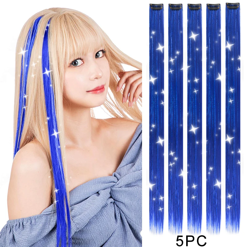 5PcsPackSparkleHairExtensionsClipInRainbowShinySparkleHair