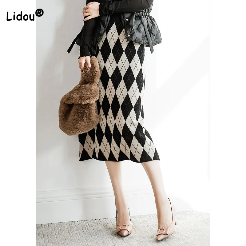 

Vintage Temperament A-Line Plaid Knitted Skirt Women's Clothing 2023 Autumn Fashion Elastic Winter High Waist Skirts for Female
