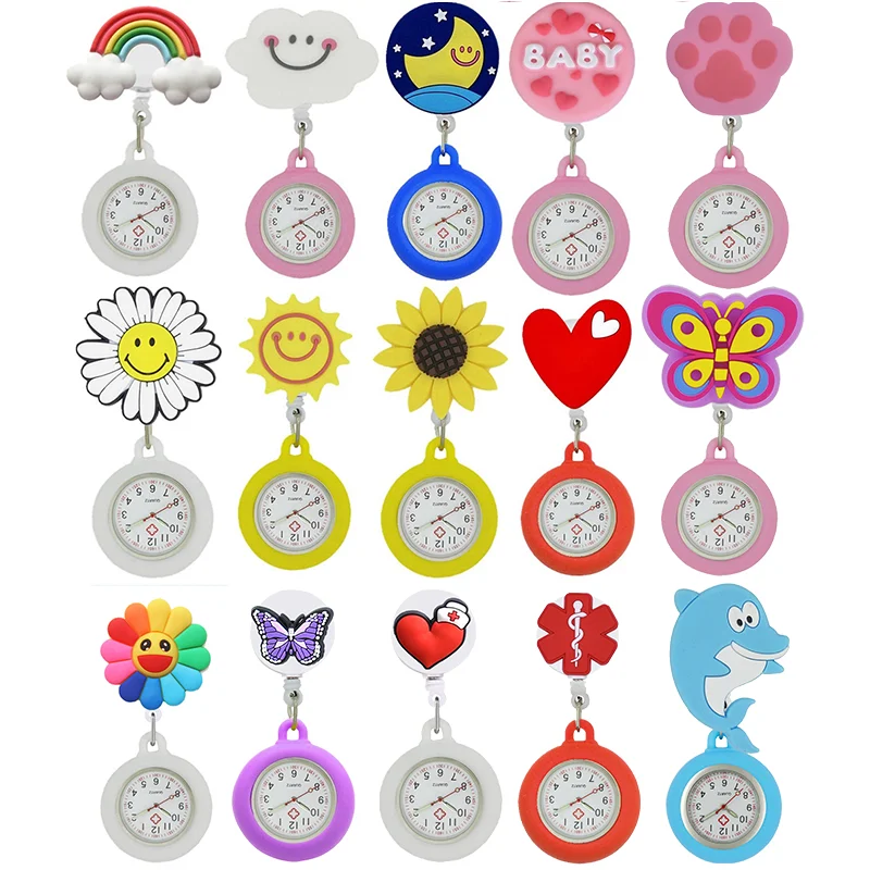 

YiJia Cartoon Retractable Badge Reel Medical Pocket Watch for Nurse with Rubber Case and Luminous Pointer Nursing Equipment