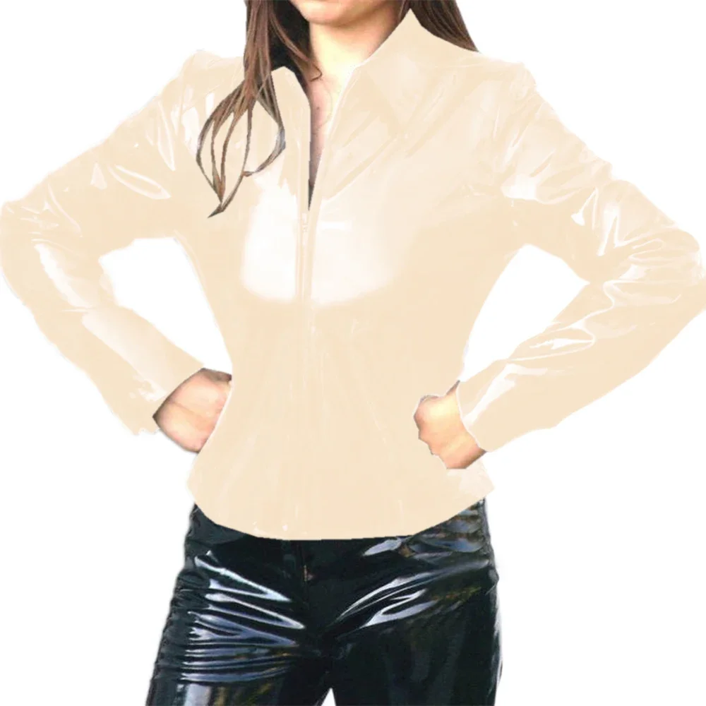 Description Picture 4 of itemLong Sleeve Zipper Turn-down Collar Shiny PVC Leather Womens Jackets High Streetwear Latex Look Coats Gothic Nightclub Top Coat