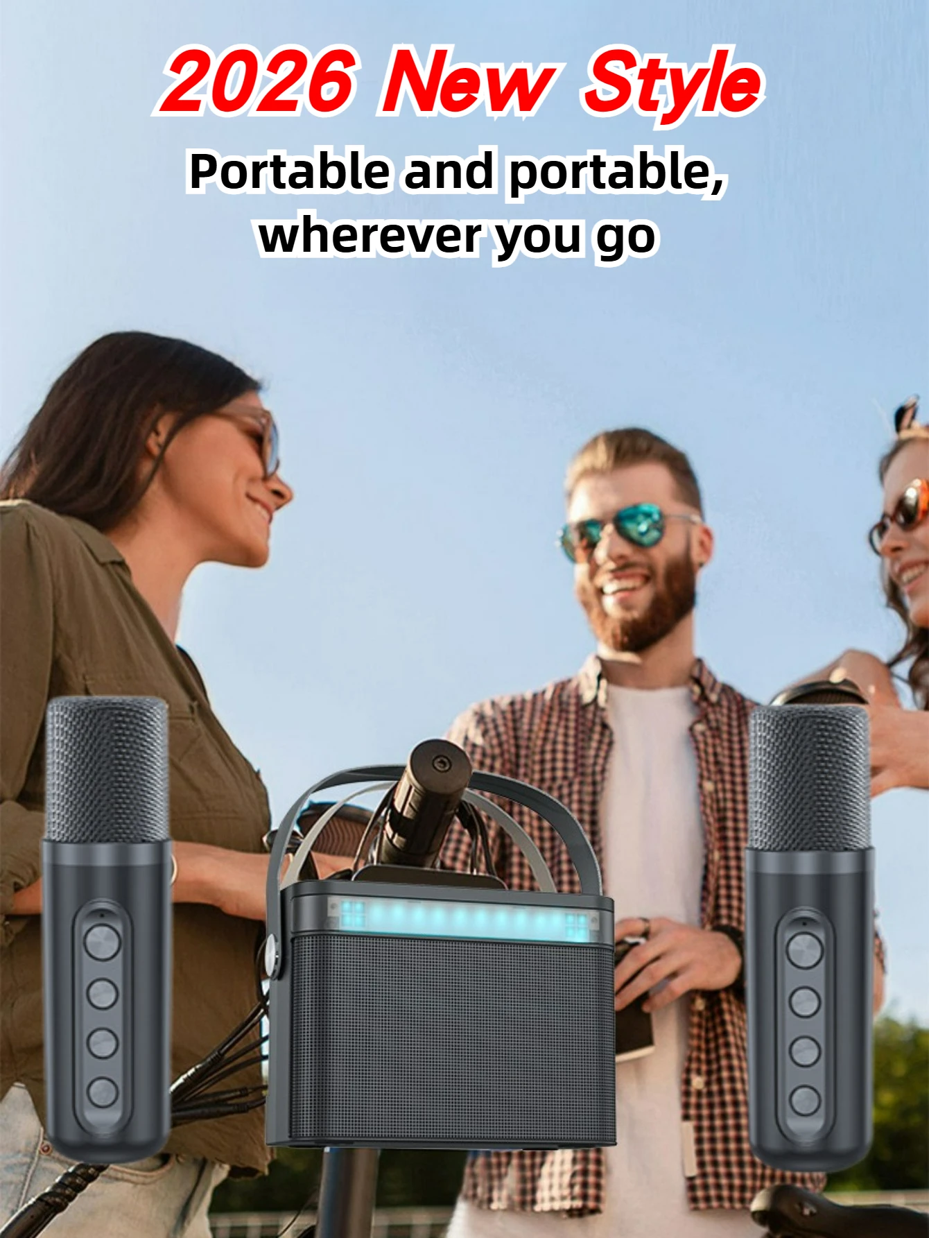 360° Karaoke Speaker with 2 Wireless Mics Colorful Party Lights Portable Bluetooth Machine for Home Family Singing