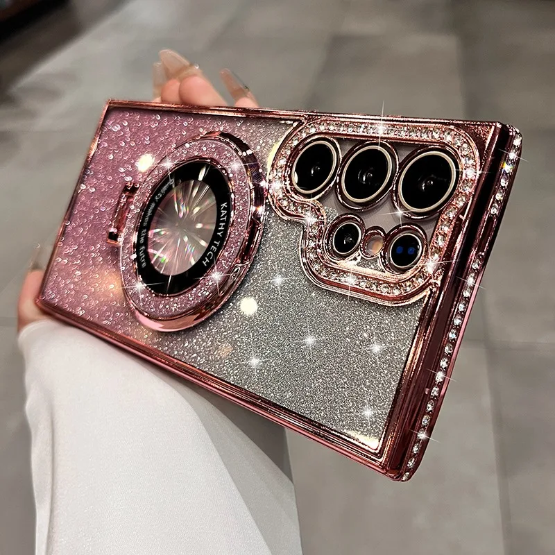 S25Ultra Magsafe Glitter Bracket Case For Samsung Galaxy S24 S23 S22 Ultra S25 Plus A55 A53 A52S A15 A16 Magnetic Diamond Cover 6