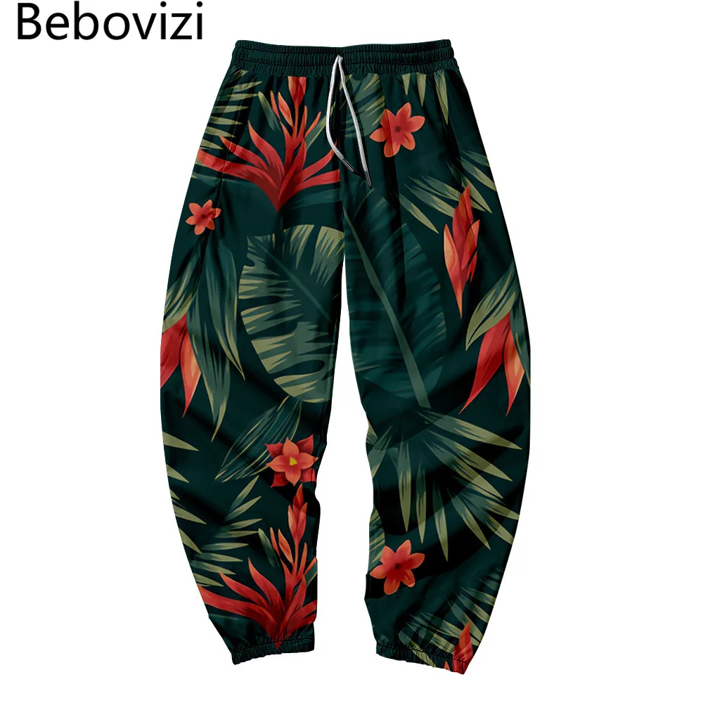 

Thin Sweatpants Men Multi Pocket Long Cargo Pant Harajuku Green Leaves Print Jogger Trousers Streetwear Baggy Pants