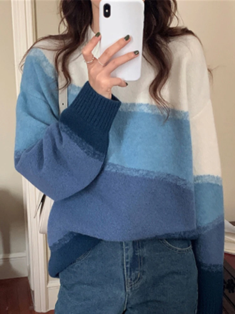 

Sweaters Gradient Knitted Women's Jumpers Long Sleeve Top Autumn Winter New Korean Style Ladies Sweater Loose Pullovers Clothing