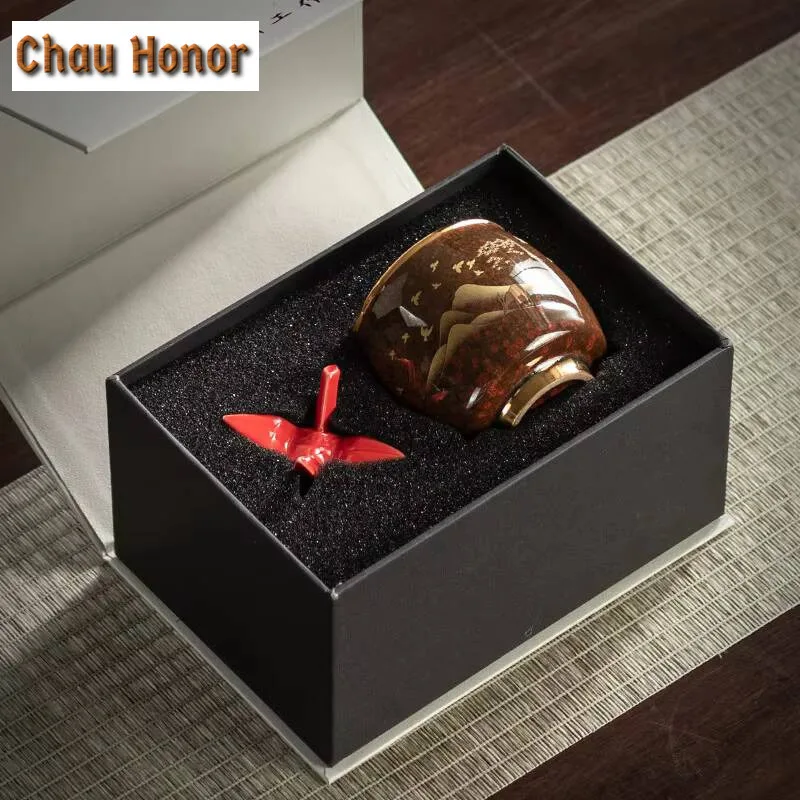 145ml High-end Emerald Red Tianmu Glaze Ceramics Tea Cup Handmade Home Coarse Pottery Kung Fu Teaset Tea Ceremony Gift Packaging