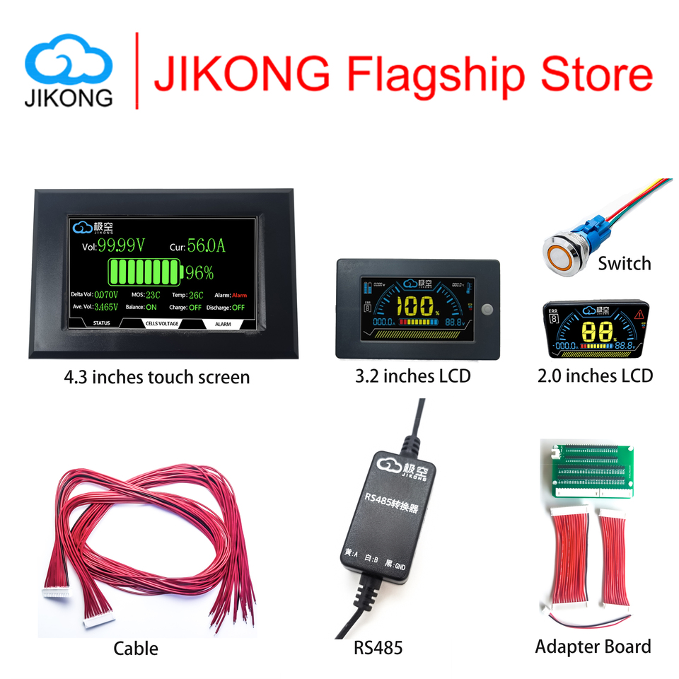 JIKONG BMS Smart Lifepo4 Battery Accessories RS485 RJ45 Power Switch Cables Adapter 3.2/4.3 Inch LCD Display For JKBMS Balancer