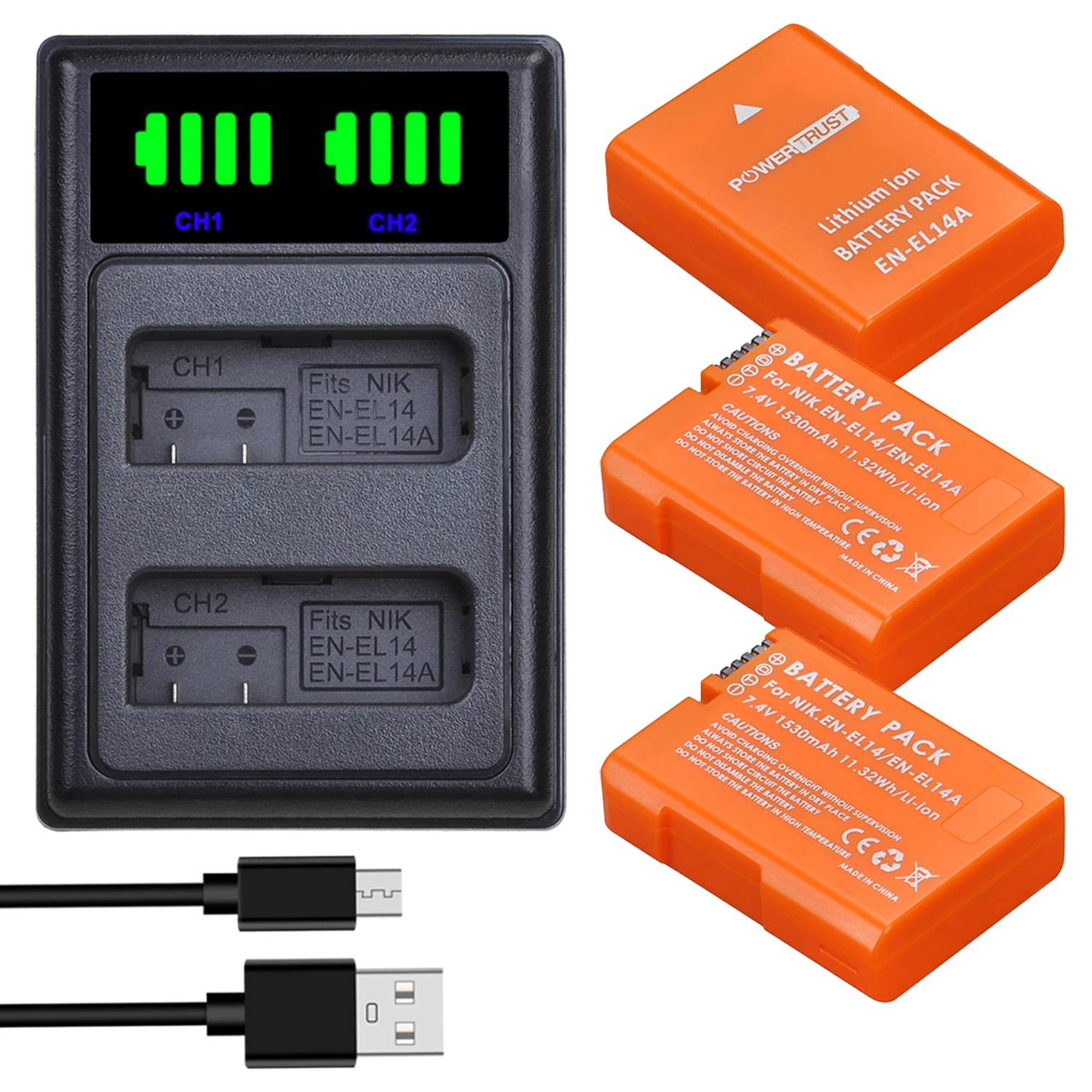 

PowerTrust EN-EL14 EN-EL14a 1530mAh Orange Battery +NEW LED USB Dual Charger for Nikon D3100 D3200 D3300 D5100 D5200 D5300 P7000