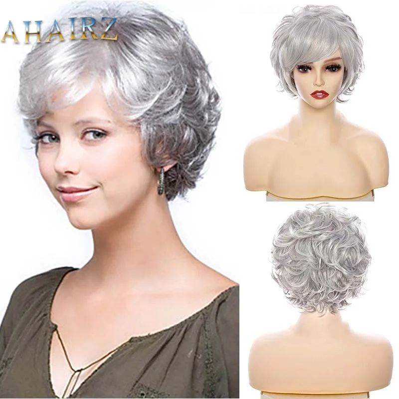 Synthetic Wig for Women with Natural Hair Cut Fashion Fluffy Short Curly Wig Daily Cosplay Party Use Silver Gray Mommy Wig