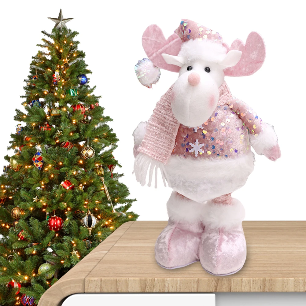 Christmas Pink Sequin Telescopic Doll Santa Claus Snowman Elk Plush Stractable Soft Doll for Home Decoration