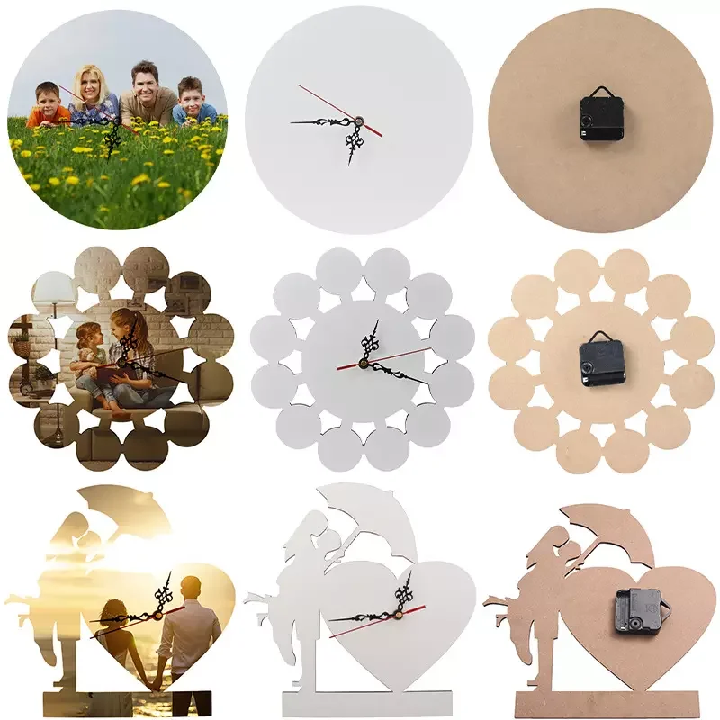 Fashion Sublimation Blank 30cm MDF Wood Clock Wall Photo Frame Holder  Living Room Home Decoration for Custom Logo Gift