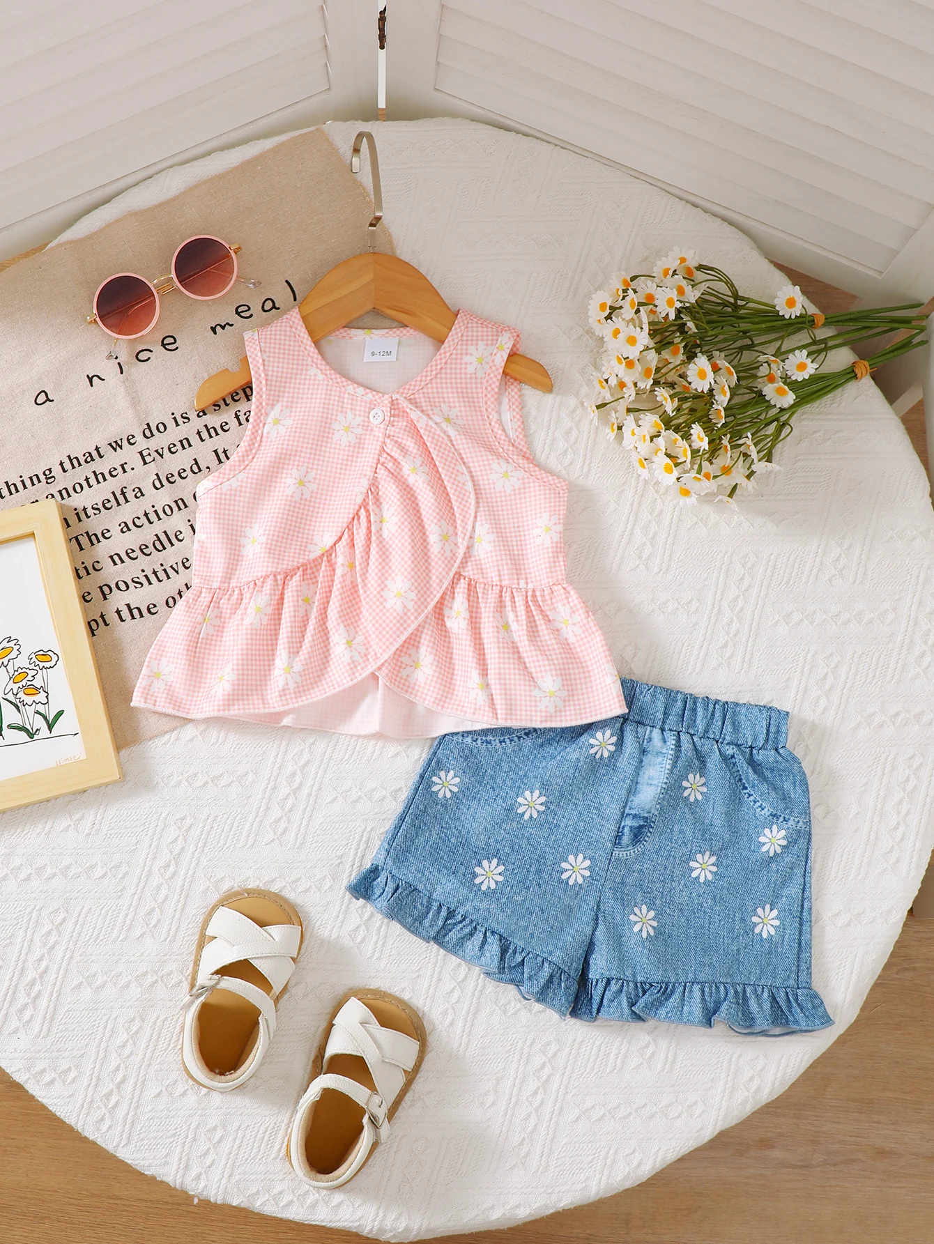 Fashion Baby Girl Daisy Print Outfit 2PCS Sleeveless Ruffle Hem Top + Ruffle Shorts for 0-3Y Toddler Summer Casual Clothes Set 1