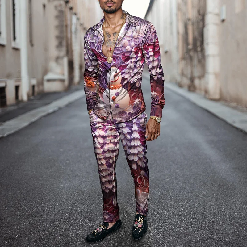 2025 Spring Summer Men Shirt Set Christmas Print Fashion Gingerbread Man Two Piece Set Mens Snowman Lightweight Party Long Sleev_voghion.com