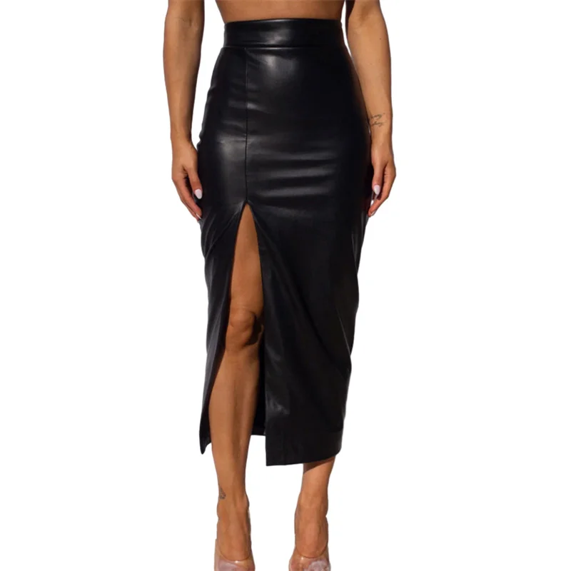 

Party Elegant Women Wrapped Hip Long Skirts Solid Zipper High Waist PU Leather High Street Club Skirt Side Split Black