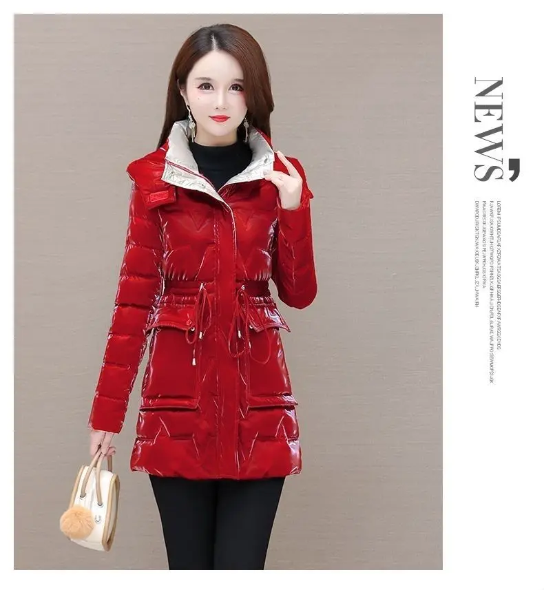 New Women's Down Cotton Coat Winter Warm Jacket Long Thick Bright Face Wash Padded Jackets Female Hooded Parker Overcoat Red 5XL