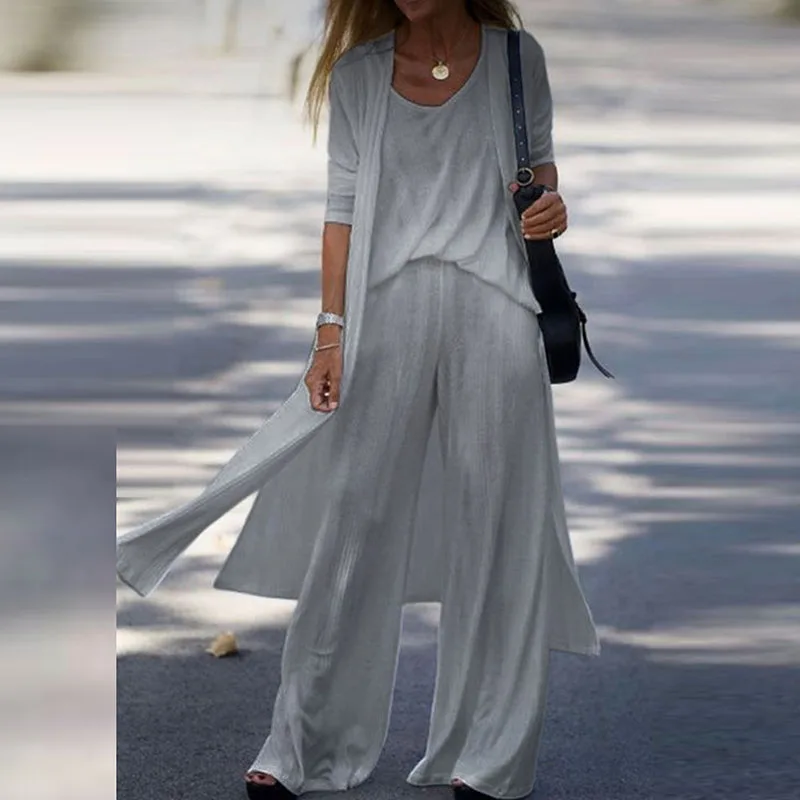 

2024 Spring Casual Three Piece Set Women V Neck T-shirt+Long Cardigan+Wide Leg Pants Outfits New Summer Simple Solid Loose Suits