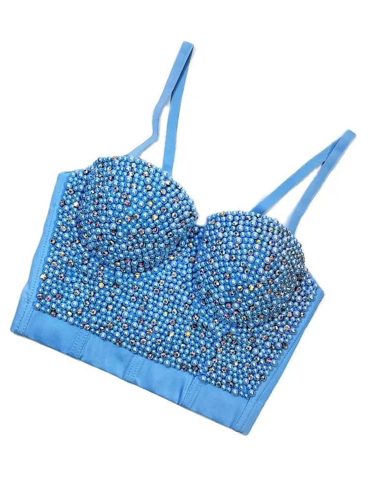 atoshare espartilho feminino com strass pérola bustier colheita topo sutiã clube festa glitter recortado topo roupas femininas