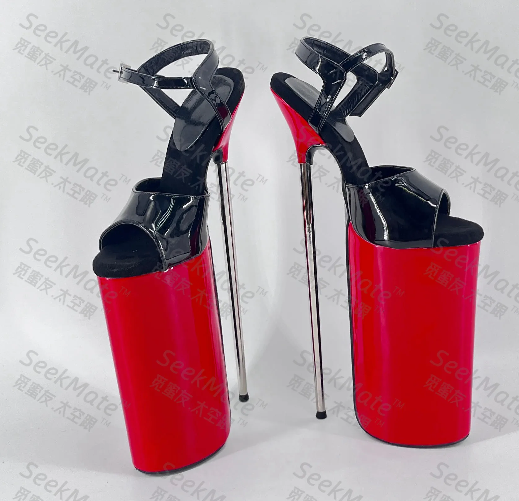 Seek Mate European and American New Ultra High Slim Heel 30 cm Steel Heel Red and Black Contrast Lacquer Leather Large Open Toe