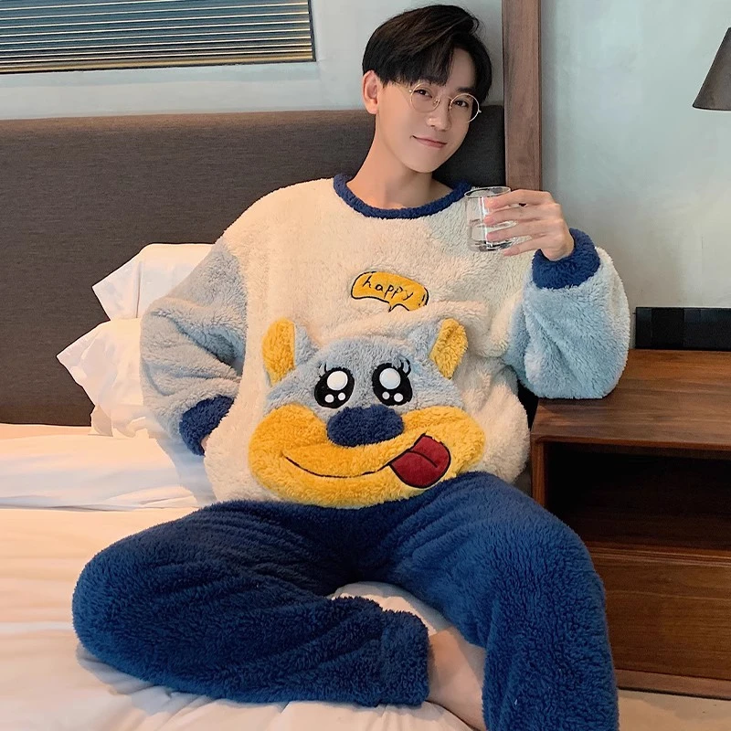

Cartoon Cow Men's Pajama Set Winter Thick Sleepwear Round Neck Coral Velvet Hooded Pyjama Male Unisex Men's Pajamas Loungewear