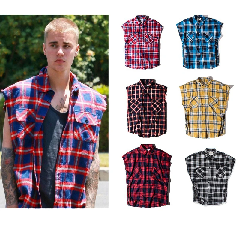 

Justin Bieber Streetwear Hip-Hop Oversize Flannel Plaid Sleeveless Shirt Mens Youth Hip Hop Loose Retro Side Zipper Tartan Shirt