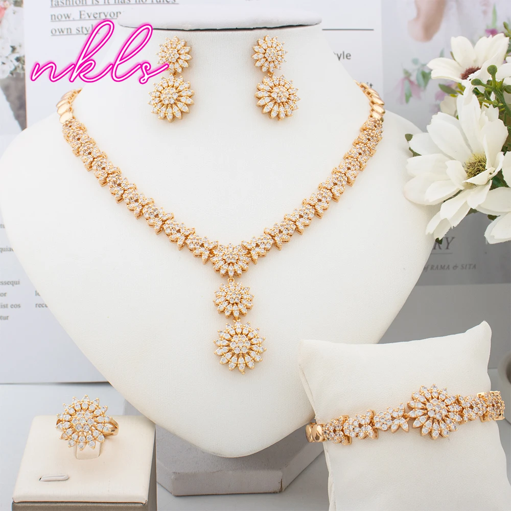 

Luxury Rhinestone Chrysanthemum Jewelry Sets Girl Crystal Zircon Necklace Earrings Bangle Ring Set for Bride Wedding Party