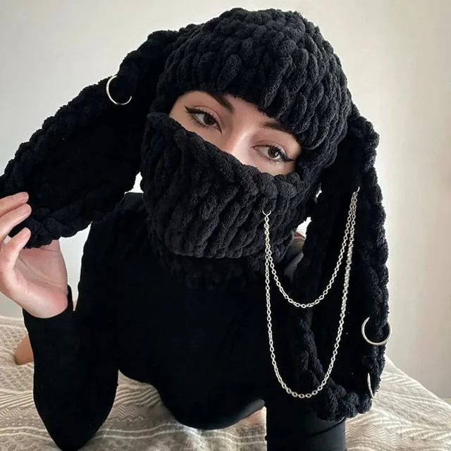 2024 Big Rabbit Ears Knitted Hat Thick Warm Fleece Hat Mask