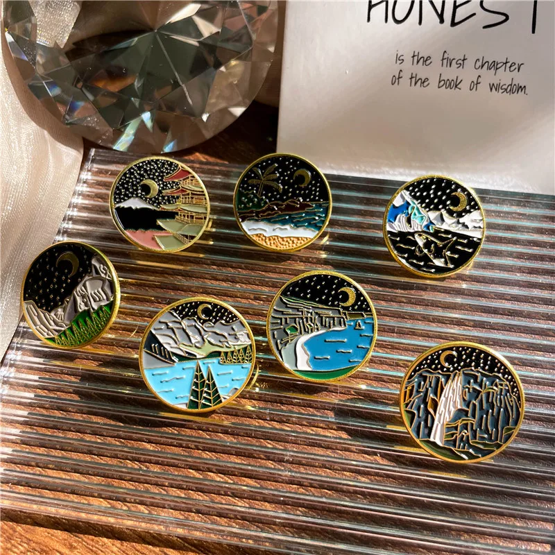 Эмалированная брошь в этническом стиле с изображением темной ночи чердака водопада креативный Ретро пейзаж значок из сплава для женщин мужчин древняя одежда ювелирные изделия