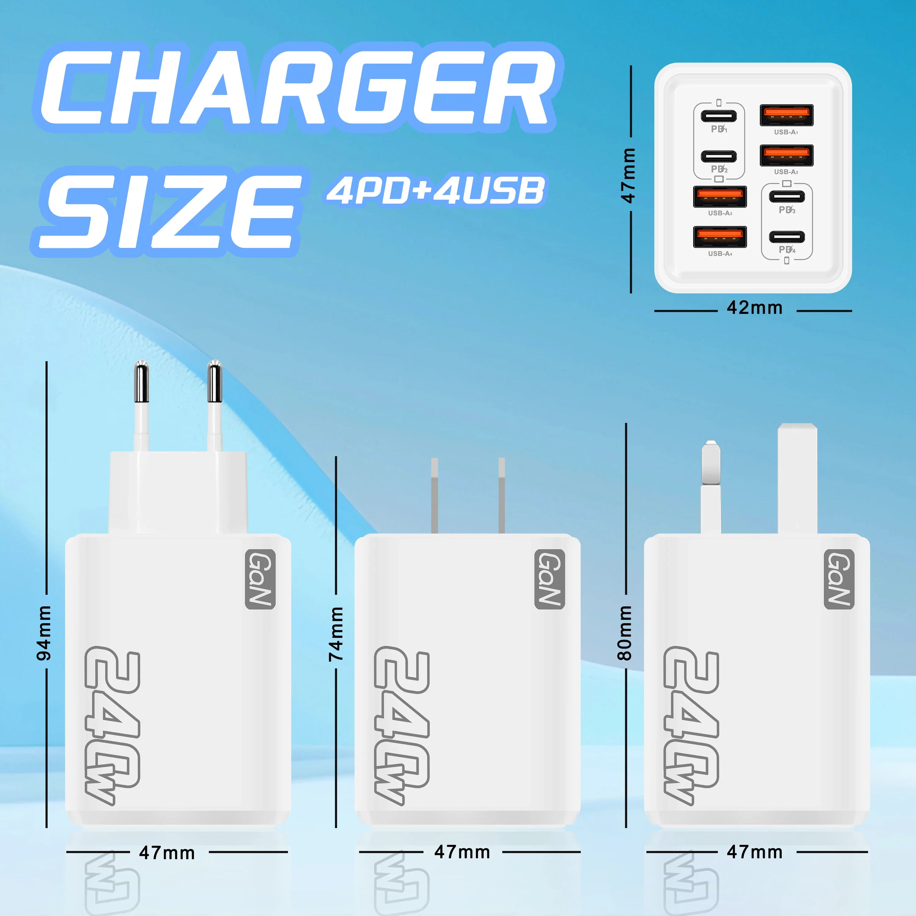 Chargeur USB C GaN 240W 8 en 1, charge rapide, adaptateur secteur Type C, prise EU/US, pour iPhone, Xiaomi, Samsung