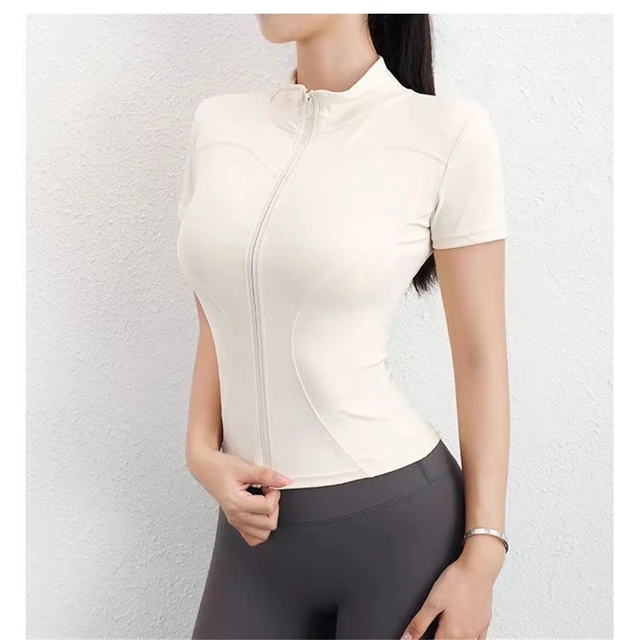 Women Summer Slim Yoga Tops Stand Collar Full Zipper Short Sleeves Shirts Solid Workout Clothes Gym Running Coats Lady Casual 3